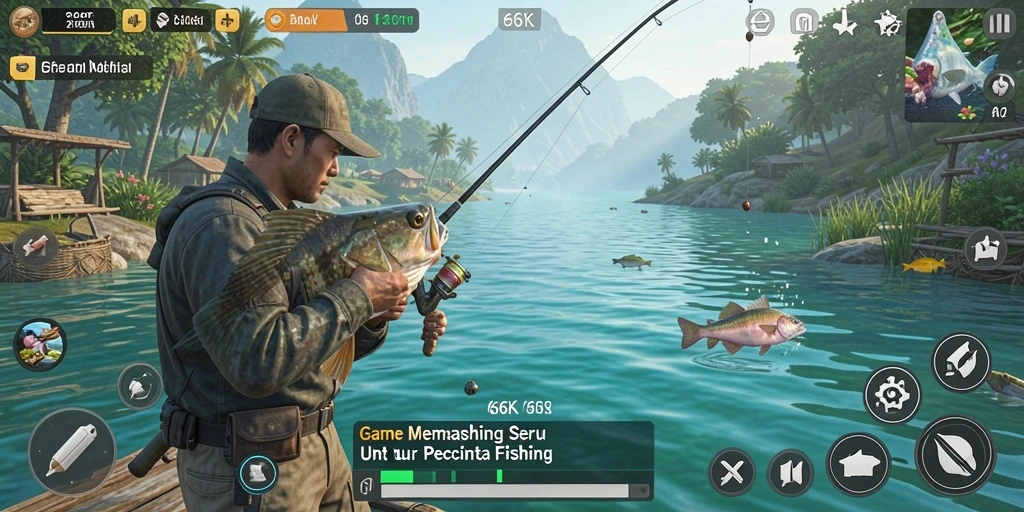 Tampilan gameplay 66K yang menampilkan petualangan memancing yang seru.