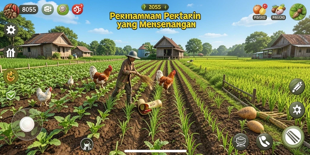 Tampilan gameplay menarik dari 8055 yang menampilkan aktivitas bertani.
