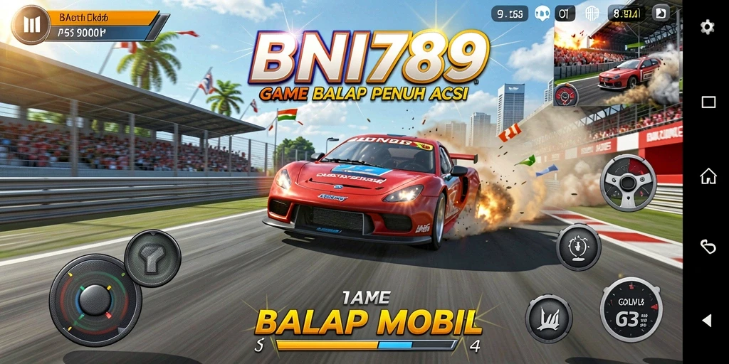 Screenshot gameplay BNI789 menunjukkan balapan yang mendebarkan.
