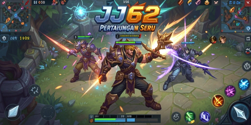 Screenshot gameplay JJ62 yang menunjukkan pertarungan tim MOBA.