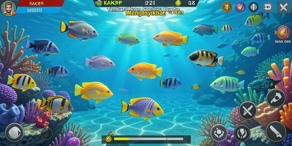 Tampilan dari gameplay KAKRP dengan berbagai ikan yang menarik.