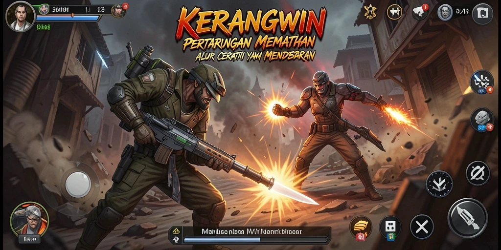 Screenshot gameplay KERANGWIN menunjukkan aksi pertempuran yang mendebarkan.