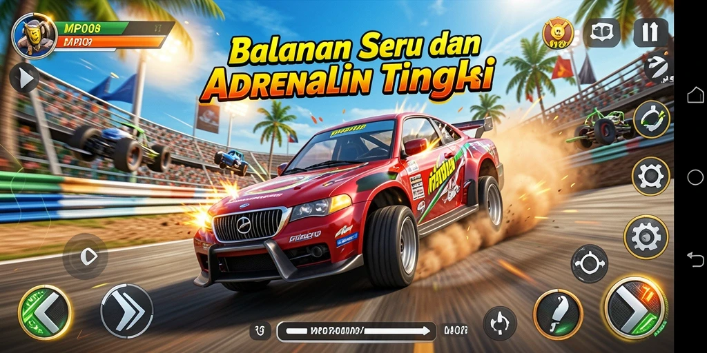 Screenshot utama MPO08 menampilkan aksi balapan mendebarkan di trek yang menantang.