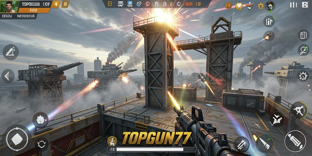 Tampilan menara pertahanan yang strategis dalam gameplay TOPGUN77.