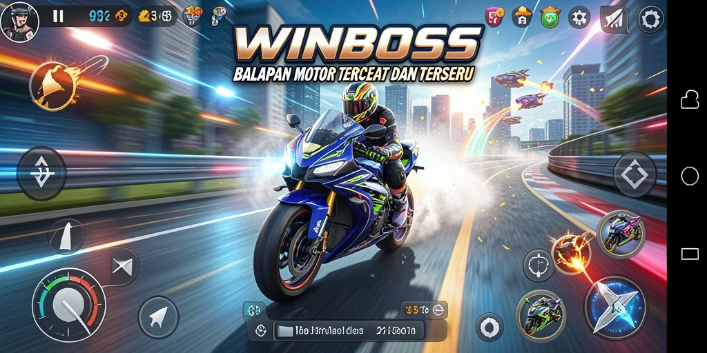 Tampilan seru gameplay WINBOSS menunjukkan balapan motor penuh aksi.